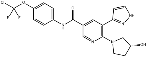 (R)-N- (4-(chlorodifluoromethoxy)phenyl)- 6-(3- hydroxypyrrolidin-1- yl)-5- (1H-pyrazol- 5-yl)nicotinamide