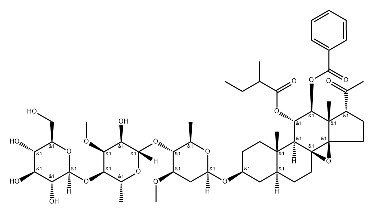 Pregnan-20-one, 12-(benzoyloxy)-8,14-epoxy-3-[(O-β-D-glucopyranosyl-(1→4)-O-6-deoxy-3-O-methyl-β-D-allopyranosyl-(1→4)-2,6-dideoxy-3-O-methyl-β-D-arabino-hexopyranosyl)oxy]-11-(2-methylbutoxy)-, (3β,5α,11α,12β,14β,17α)- (9CI)