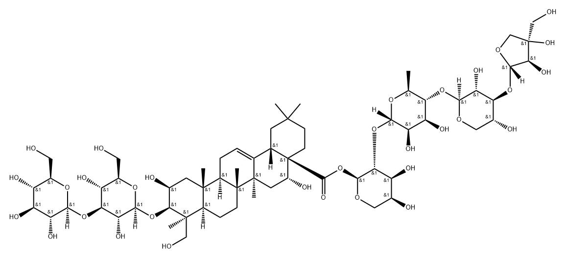 Olean-12-en-28-oic acid, 3-[(3-O-β-D-glucopyranosyl-β-D-glucopyranosyl)oxy]-2,16,23-trihydroxy-, O-D-apio-β-D-furanosyl-(1→3)-O-β-D-xylopyranosyl-(1→4)-O-6-deoxy-α-L-mannopyranosyl-(1→2)-α-L-arabinopyranosyl ester, (2β,3β,4β,16α)-